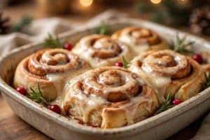 Pan of gooey Christmas morning cinnamon rolls with cream cheese icing, cranberries, and rosemary