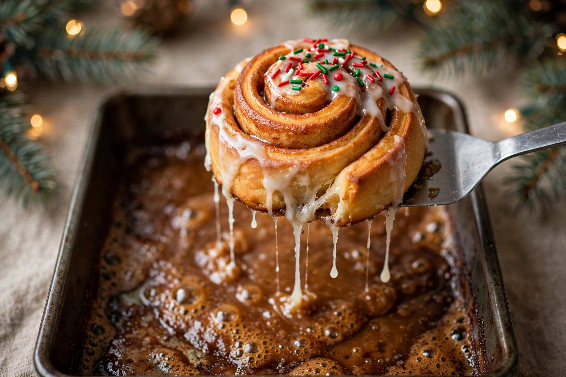 Single Christmas morning cinnamon roll lifted from pan with dripping icing and red and green holiday sprinkles