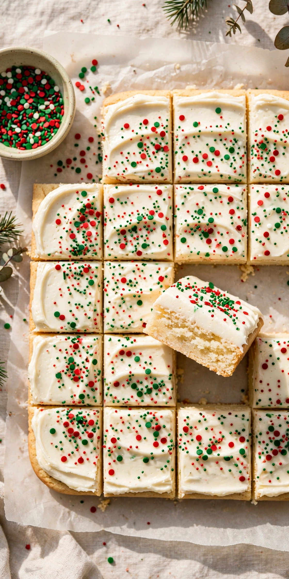 Frosted Christmas sugar cookie bars cut into squares with red and green sprinkles, one bar lifted to show the soft center