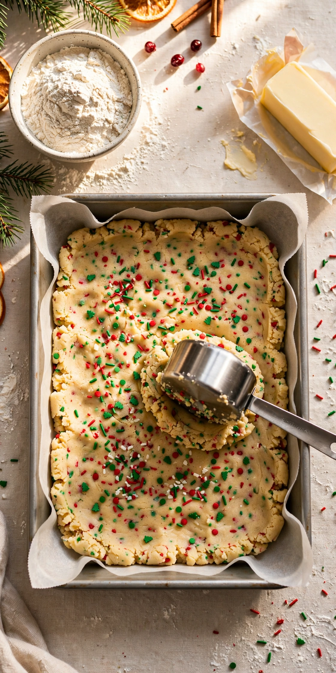 Sugar cookie dough with red and green sprinkles pressed into a parchment lined 9x13 pan with a measuring cup