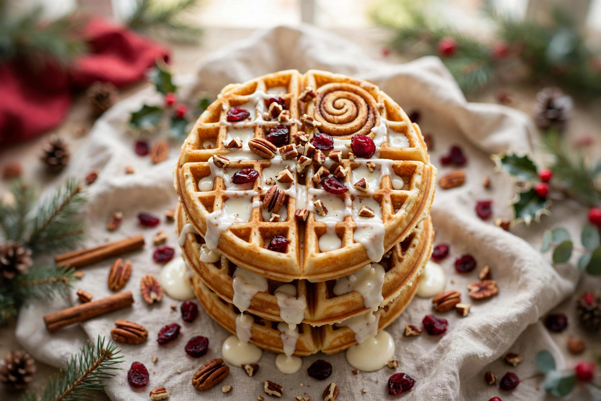 Stack of cinnamon roll waffles drizzled with cream cheese glaze, pecans and cranberries