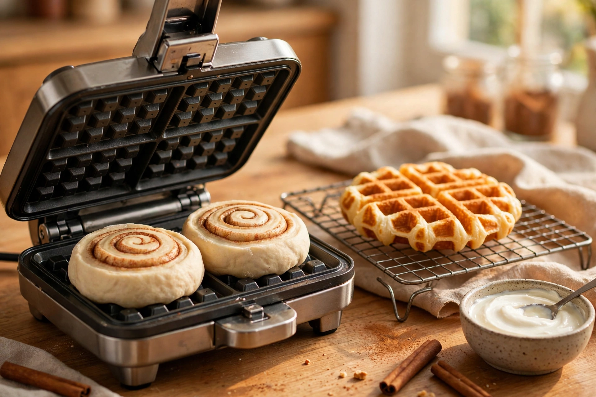Two cinnamon rolls pressing in a waffle iron beside a finished waffle and a bowl of glaze
