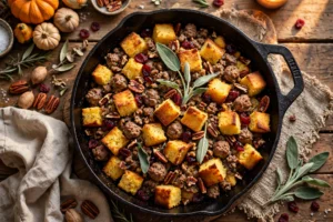 20-Minute Cornbread Sausage Stuffing in a cast iron skillet, golden toasted cornbread cubes with sausage crumbles, cranberries and pecans
