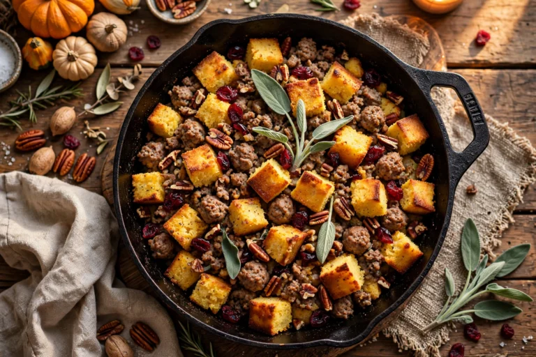 20-Minute Cornbread Sausage Stuffing in a cast iron skillet, golden toasted cornbread cubes with sausage crumbles, cranberries and pecans