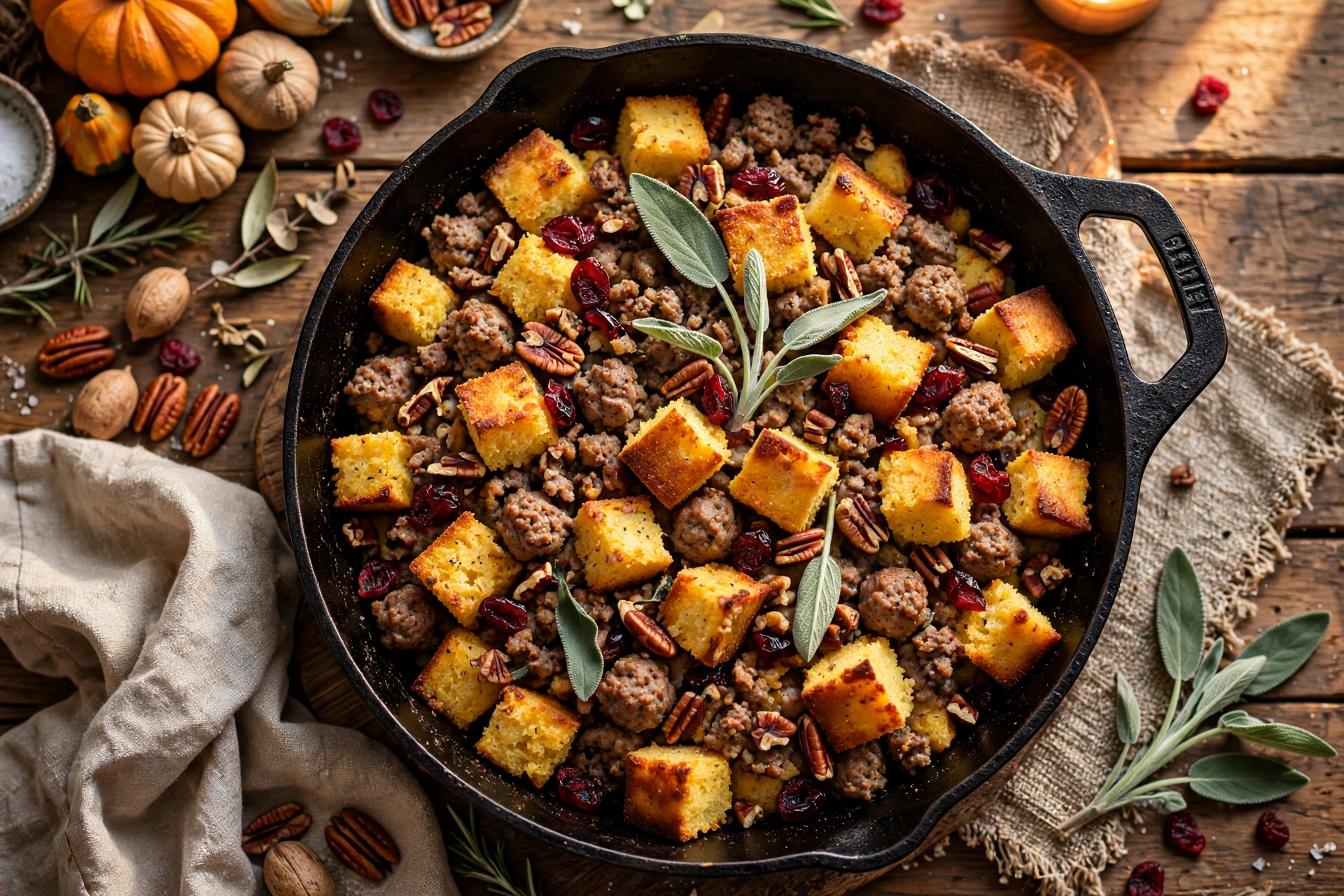 20-Minute Cornbread Sausage Stuffing in a cast iron skillet, golden toasted cornbread cubes with sausage crumbles, cranberries and pecans