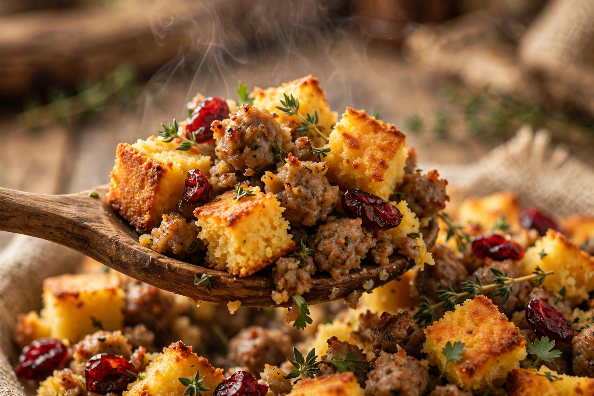 Close-up spoonful of cornbread sausage stuffing showing crispy edges, fresh herbs and ruby cranberries