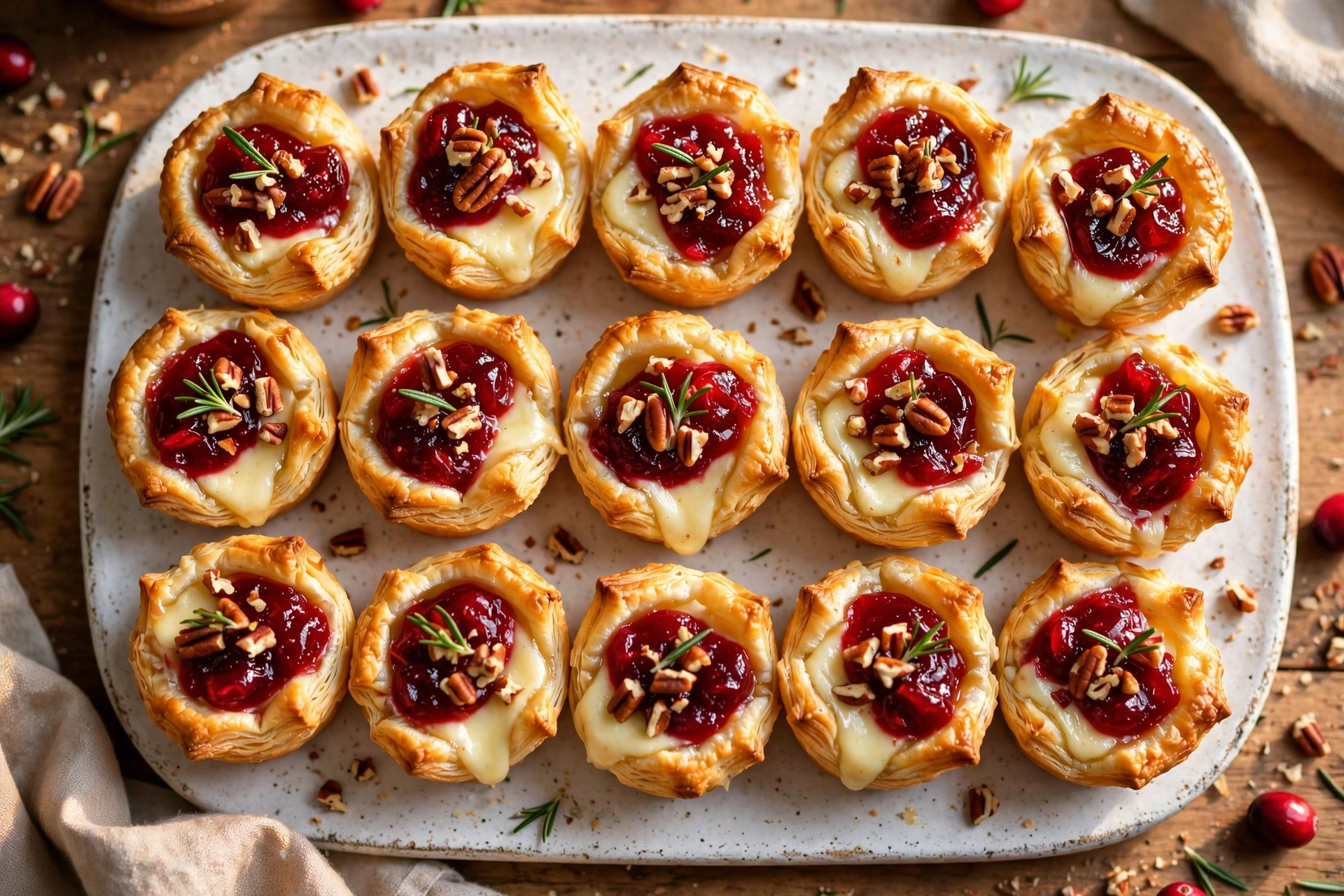 20-Minute Cranberry Brie Bites on a white platter, golden puff pastry cups with melted brie, cranberry sauce, pecans and rosemary
