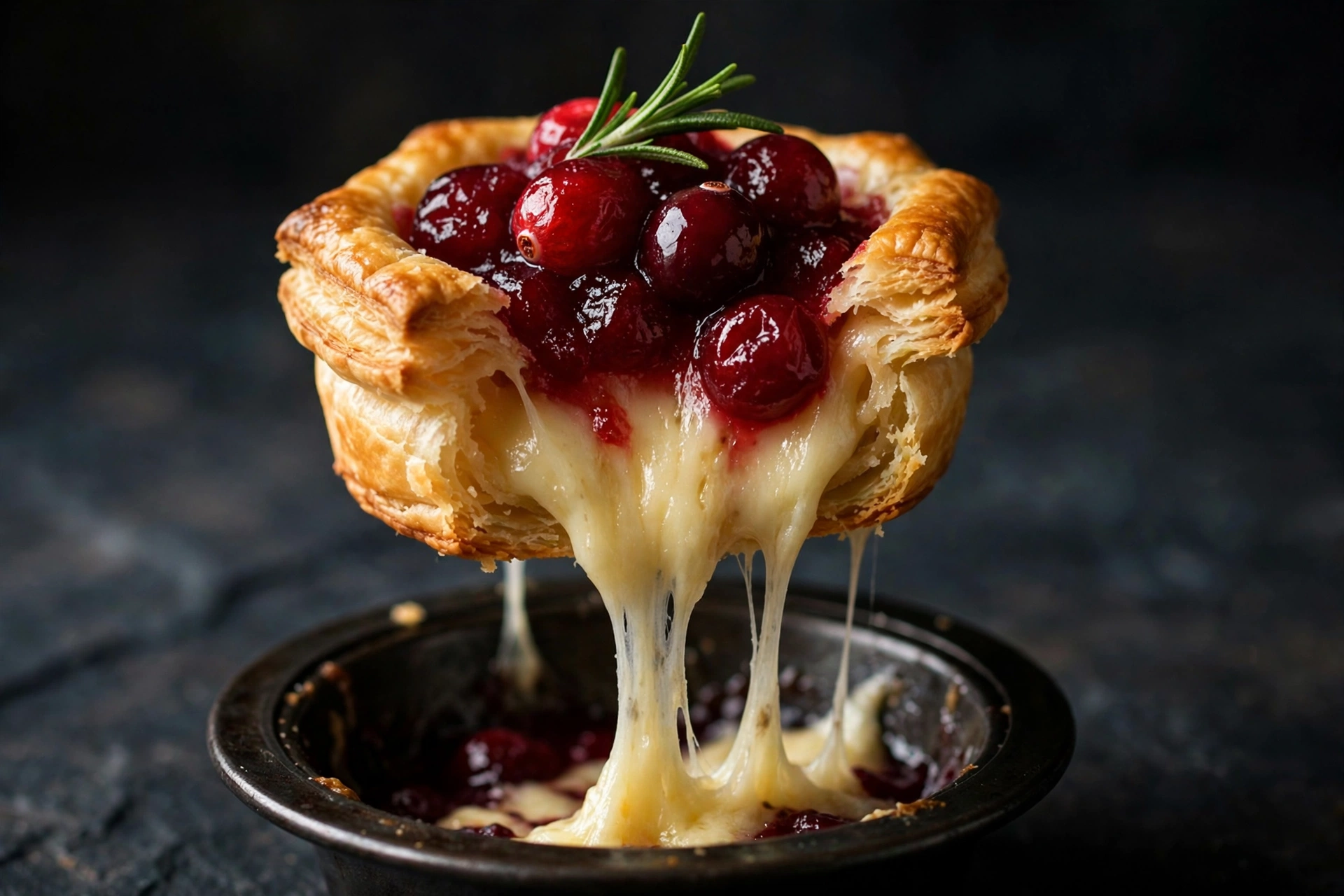 Close-up of a cranberry brie bite with gooey melted brie cheese pull and glossy cranberry sauce