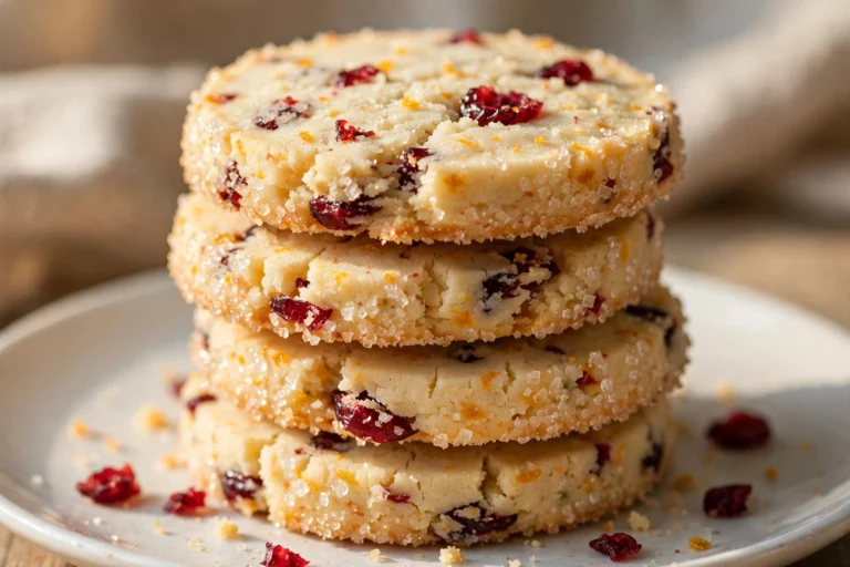 Stack of cranberry orange shortbread cookies with sparkling sugar edges and visible dried cranberry pieces on a white plate