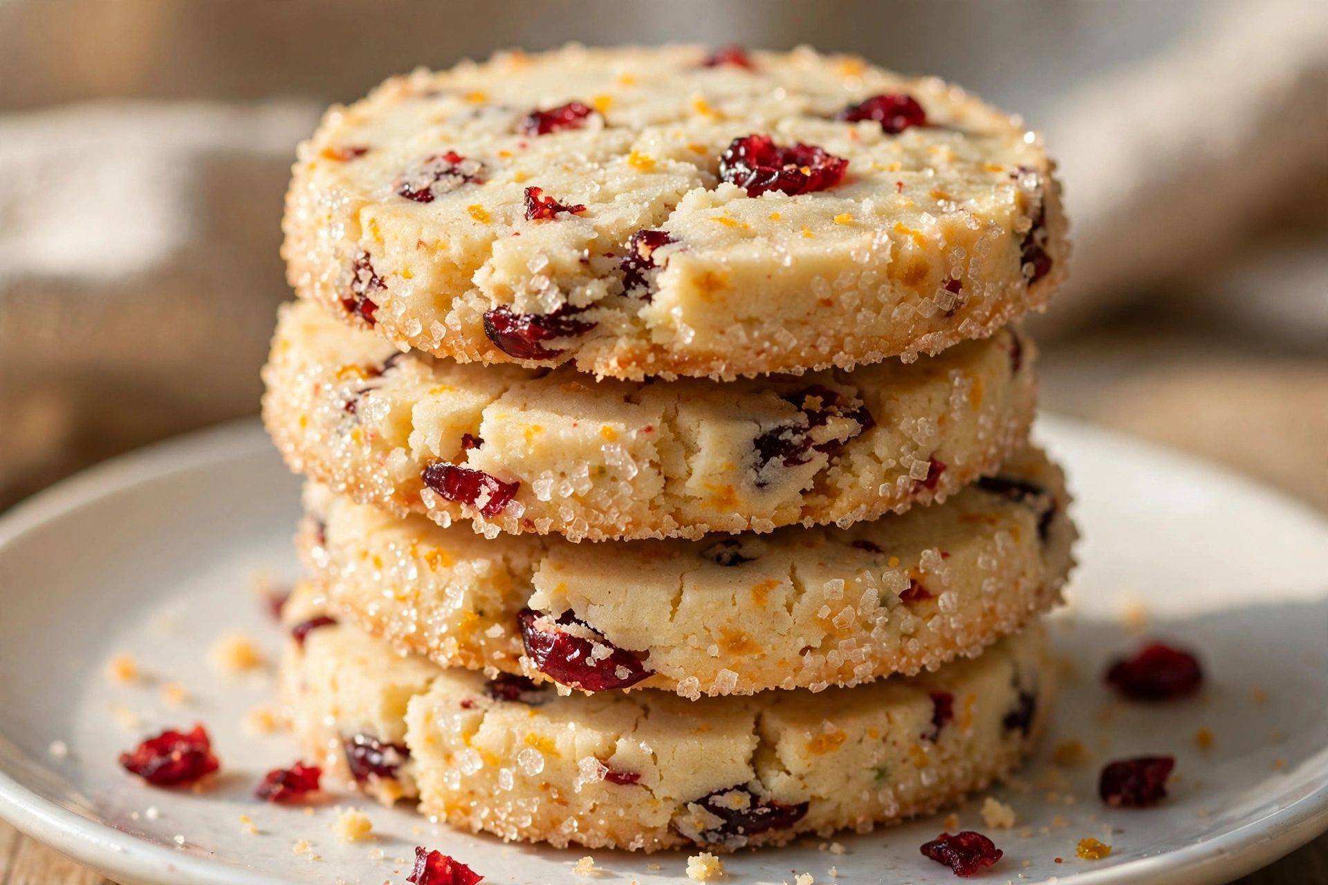 Stack of cranberry orange shortbread cookies with sparkling sugar edges and visible dried cranberry pieces on a white plate