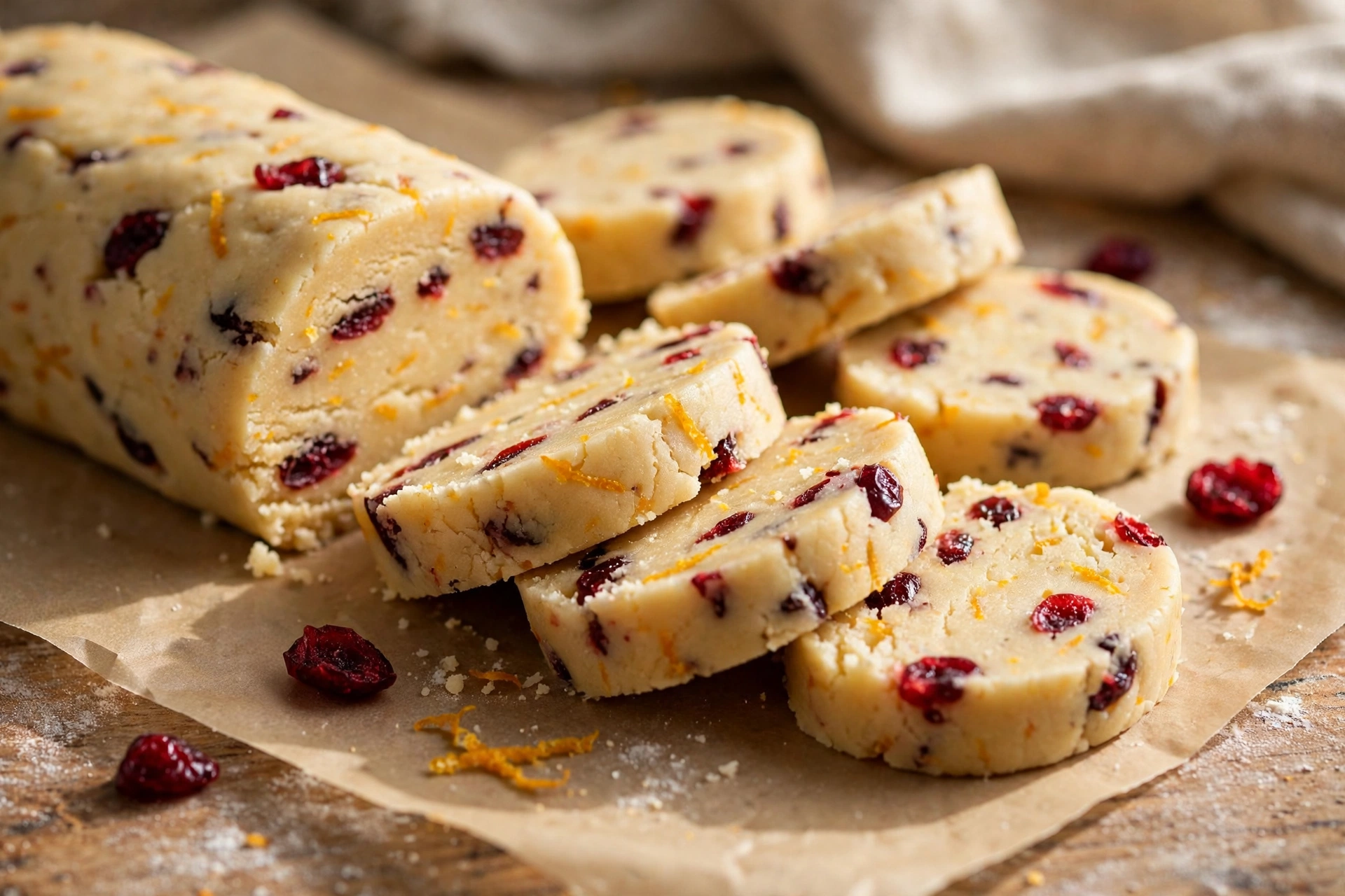 Sliced log of cranberry orange shortbread cookie dough showing cranberry and orange zest flecks before baking