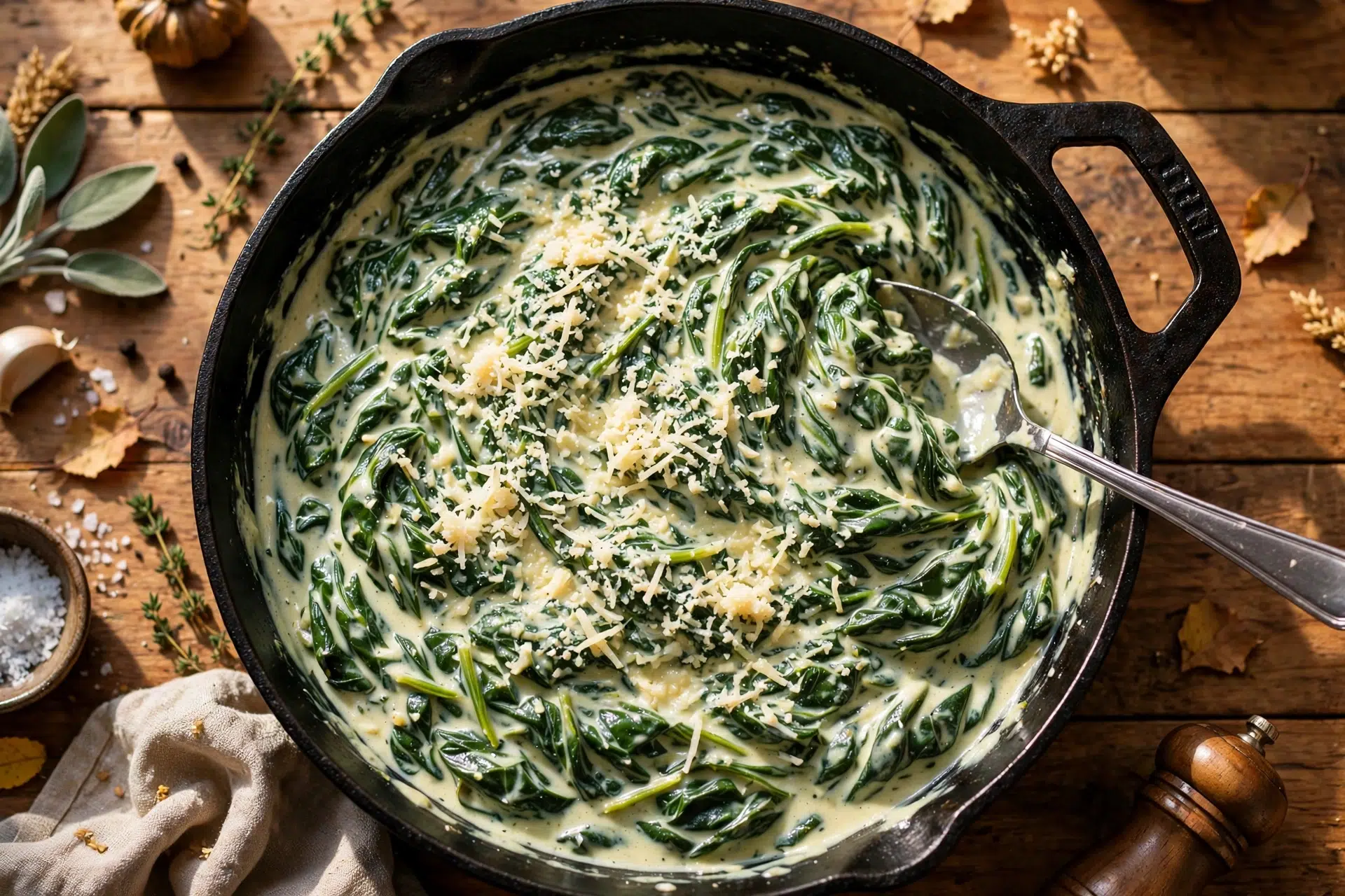 Skillet of creamed spinach with a silky cream sauce and grated Parmesan on top, deep green leaves folded through, serving spoon resting in the pan