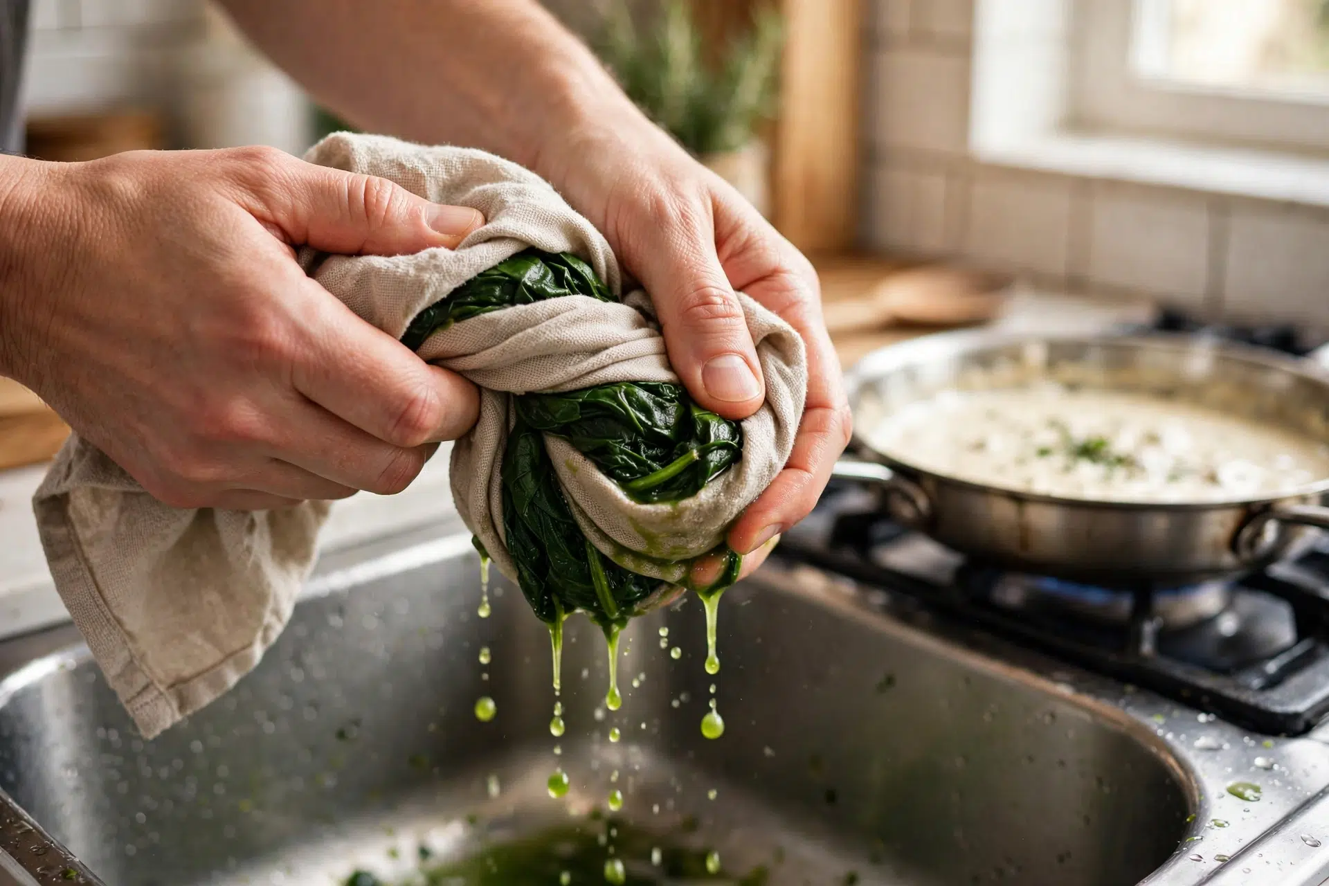 Hands twisting wilted spinach in a clean kitchen towel over the sink, squeezing out the green liquid before it goes back into the cream sauce