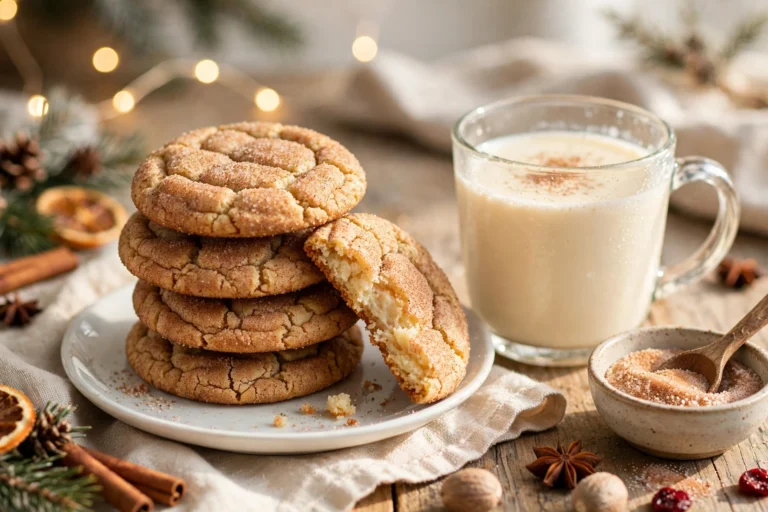 Stack of eggnog snickerdoodles with crackled cinnamon nutmeg sugar tops, one broken showing the soft center, beside a mug of eggnog