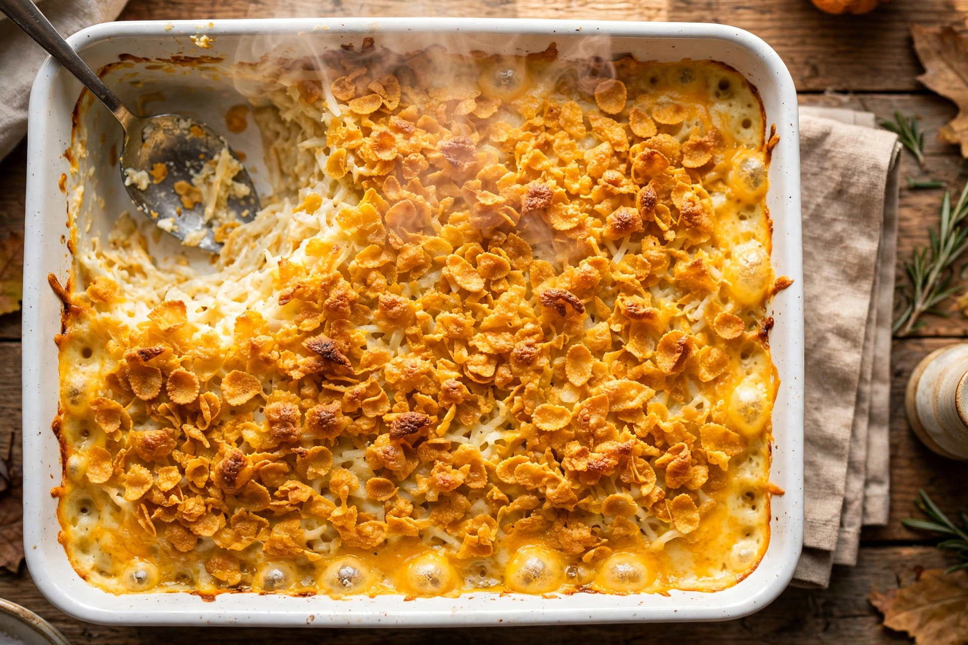 30-minute funeral potatoes in a baking dish with a crisp buttered cornflake top and melted cheddar