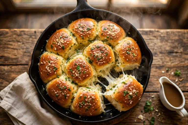 Garlic butter dinner rolls baked pull-apart style in a cast iron skillet, glossy with garlic herb butter, parmesan freckles and parsley, one roll being pulled open with soft strands