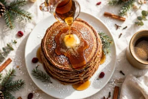 Tall stack of gingerbread pancakes with melting butter and ginger maple syrup being poured over the top, dusted with powdered sugar on a Christmas morning table