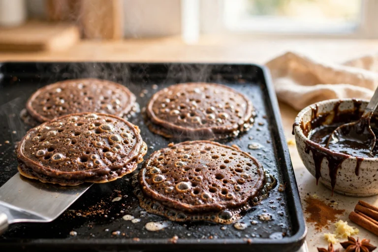 Gingerbread pancakes cooking on a hot griddle with bubbles forming across the surface, a spatula sliding under the first one, bowl of dark spiced batter beside the griddle