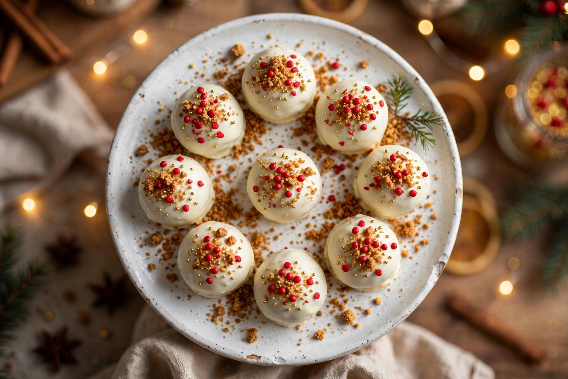 White chocolate coated no-bake gingerbread truffles on a white plate with red and gold sprinkles and crushed gingersnap crumbs