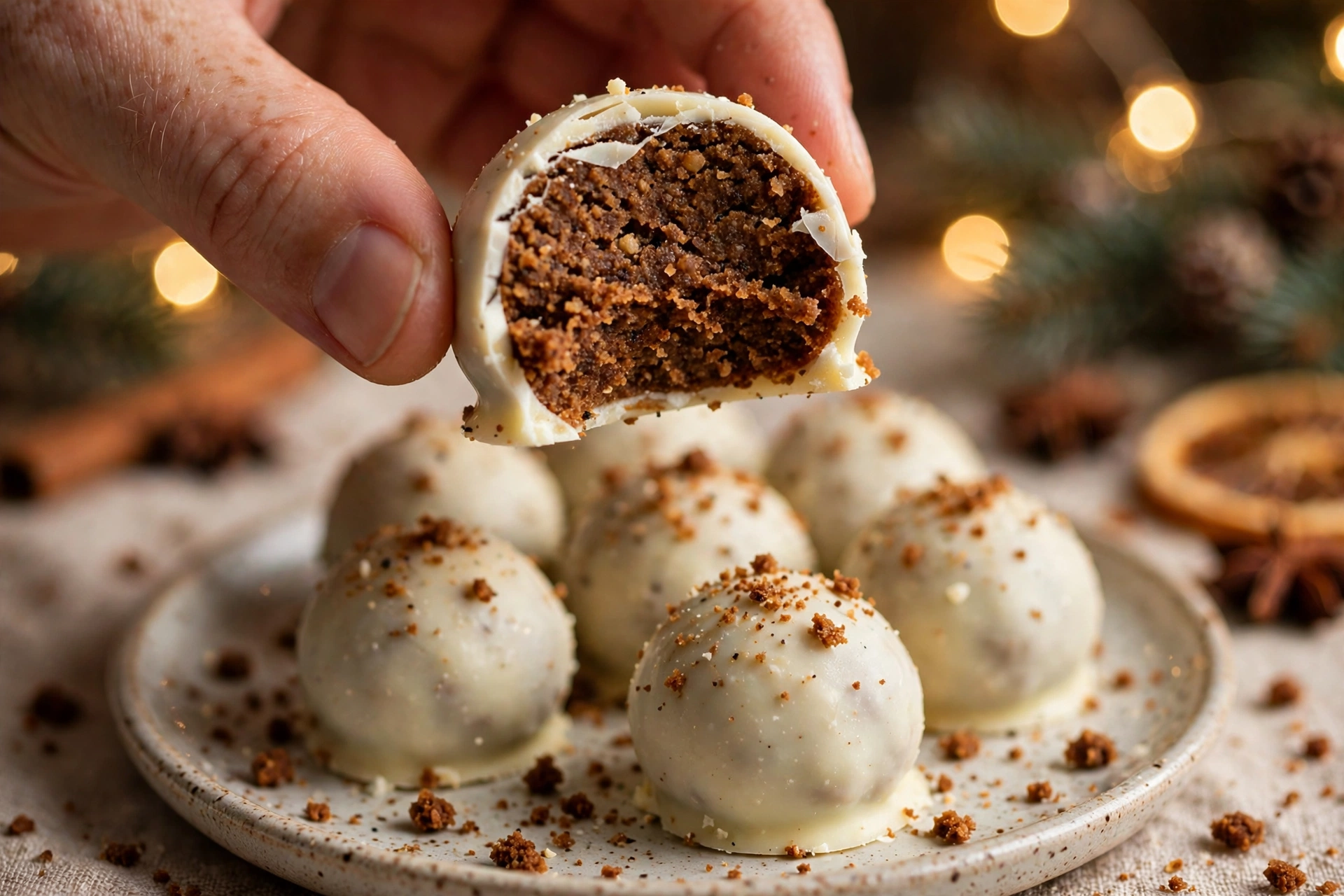 Close-up of a bitten gingerbread truffle showing the moist spiced cookie interior inside the white chocolate shell