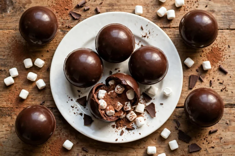 Glossy chocolate bomb drizzled with white chocolate and crushed candy cane, beside a steaming mug of hot cocoa with melting marshmallows