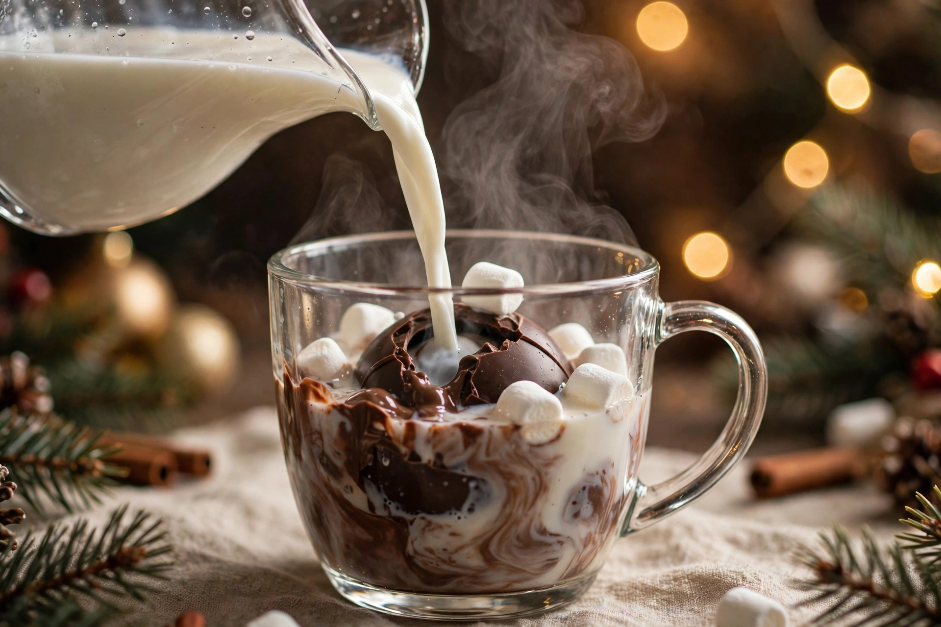 Hands pressing two chocolate half spheres together to seal a hot chocolate bomb over a silicone half-sphere mold