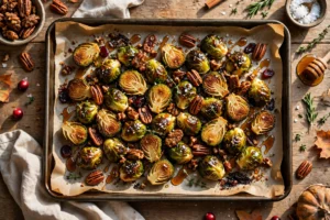 Roasted Brussels sprouts with candied pecans and maple glaze served on a white platter