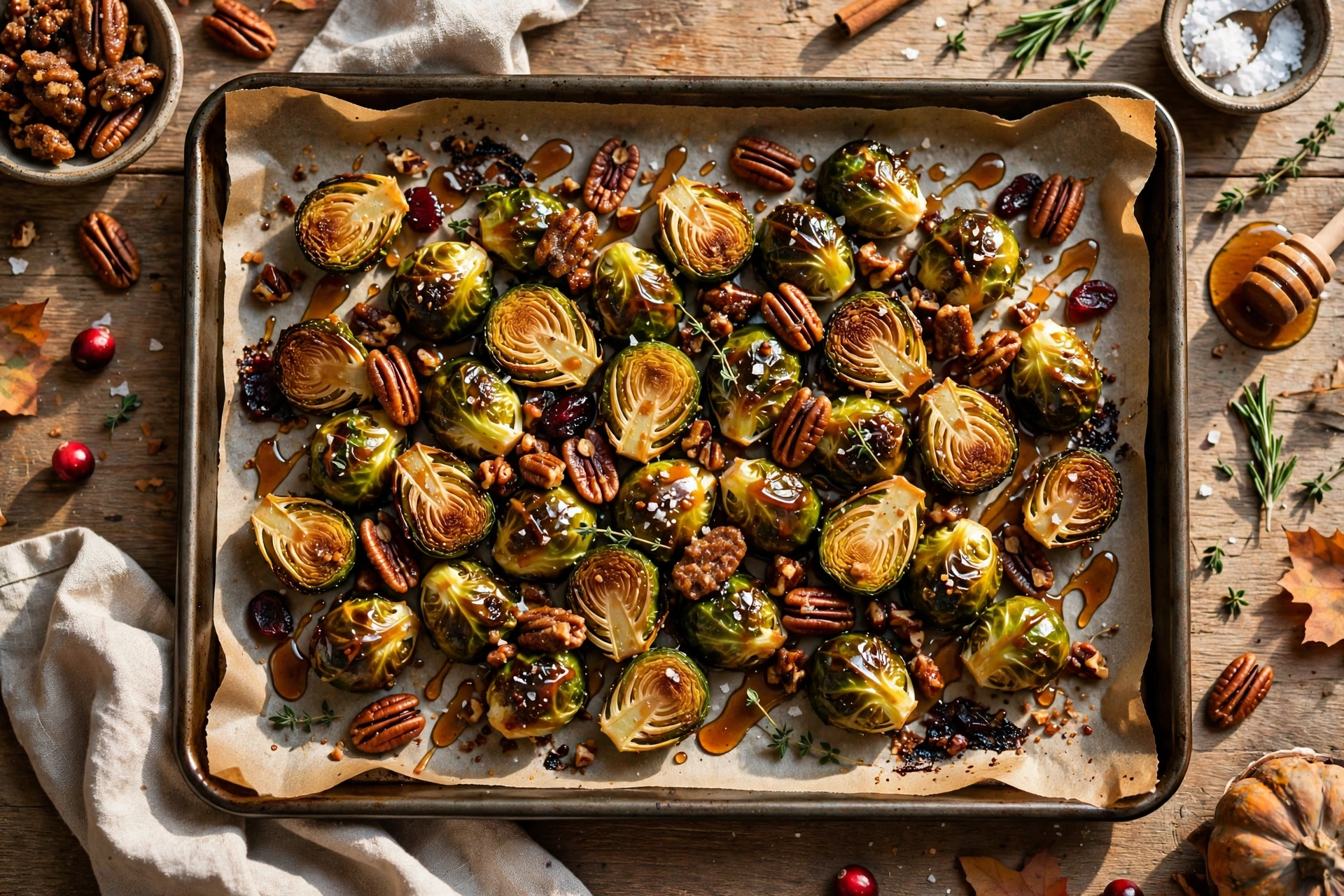 Roasted maple pecan brussels sprouts with candied pecans and maple glaze served on a white platter