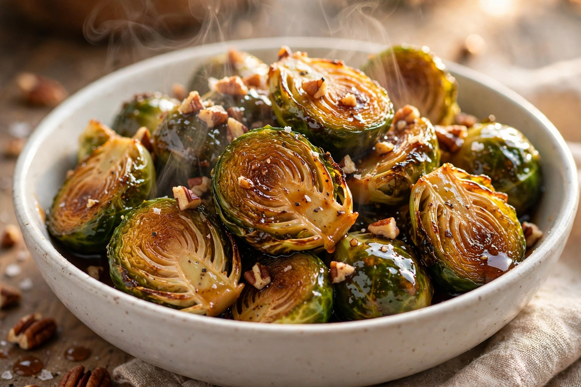Close-up of caramelized Brussels sprouts tossed with crunchy maple pecan pieces