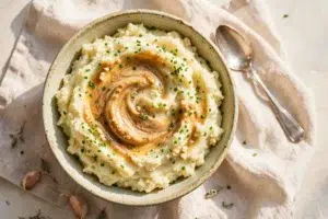 Bowl of fluffy garlic mashed potatoes with a brown butter pool and snipped chives