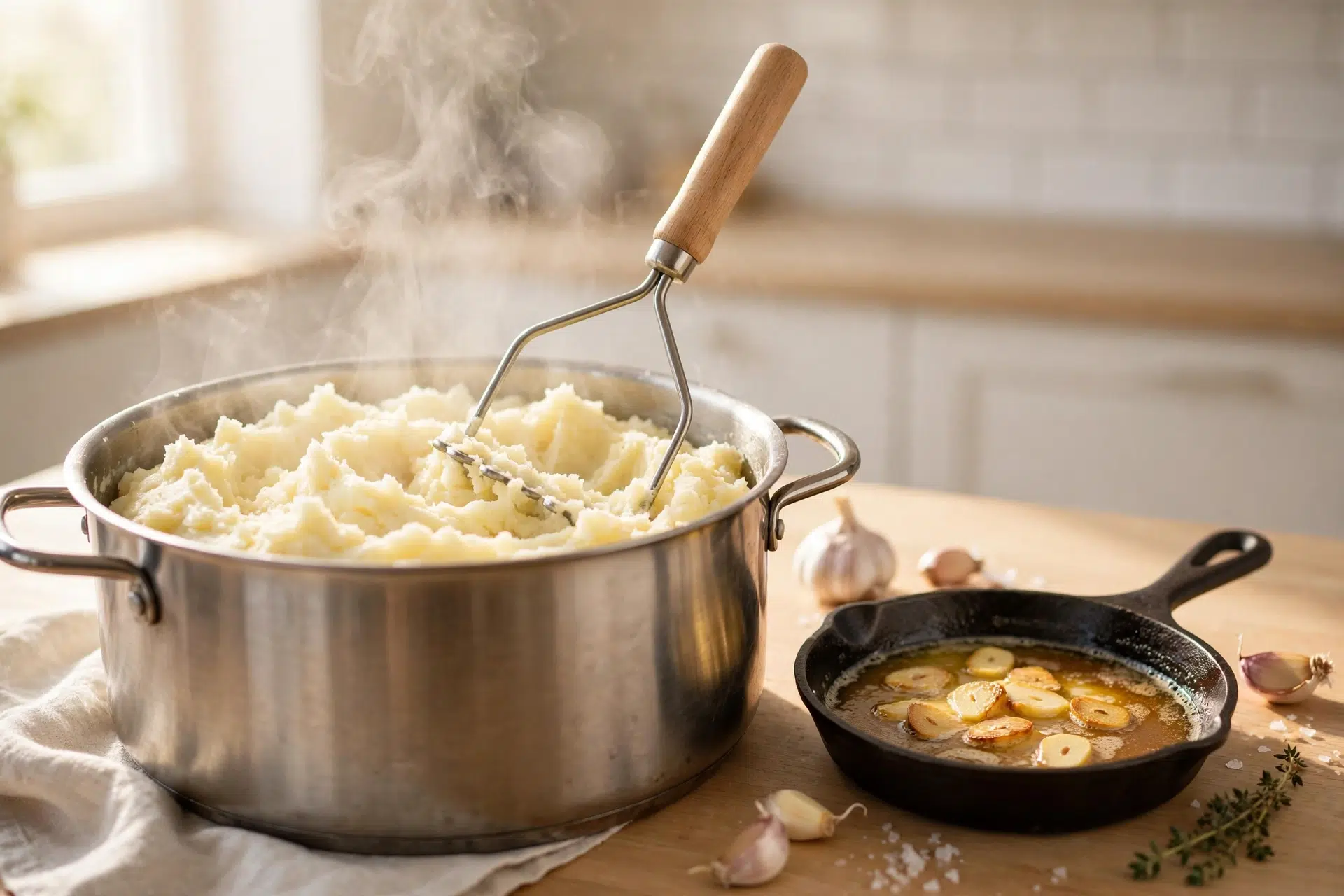 Pot of mashed potatoes with a masher beside a skillet of brown butter and garlic