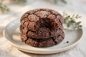 Stack of dark molasses cookies with crackled coarse sugar tops, one bitten