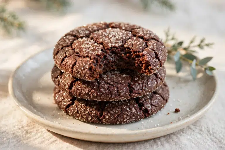 Stack of dark molasses cookies with crackled coarse sugar tops, one bitten
