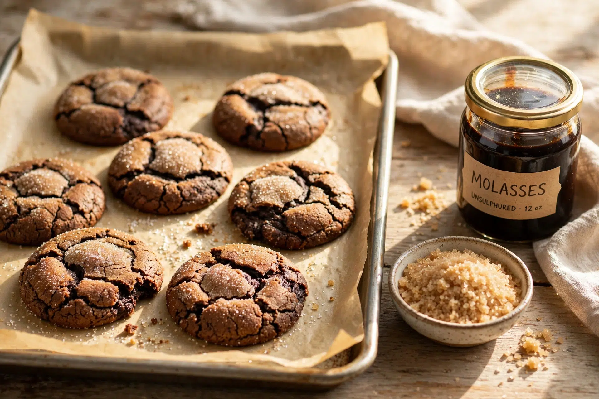 Baking sheet of freshly baked molasses cookies beside a jar of molasses and coarse sugar