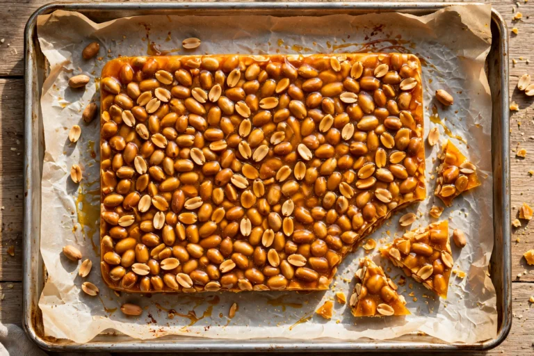 Whole slab of golden microwave peanut brittle on a baking sheet