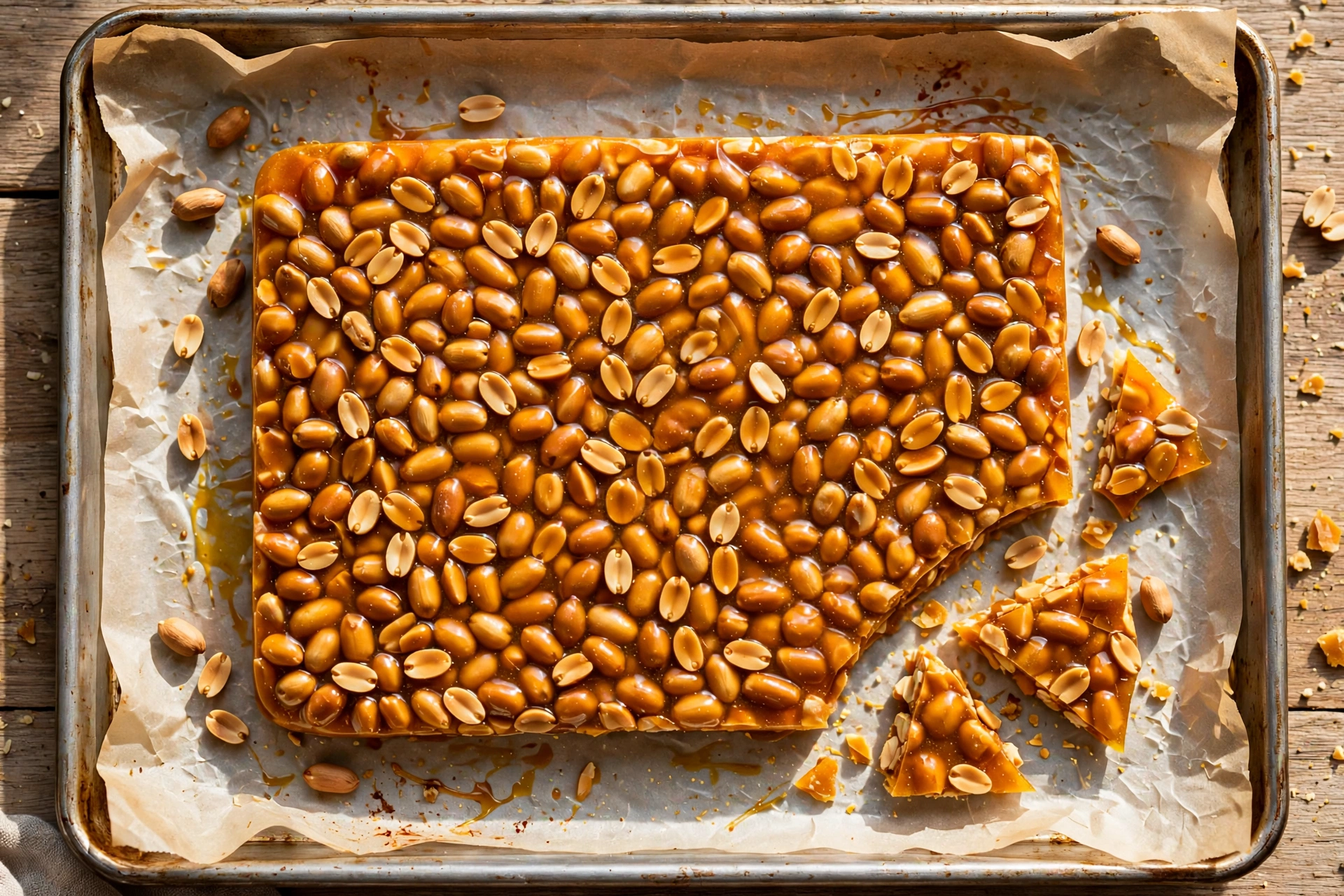 Whole slab of golden microwave peanut brittle on a baking sheet