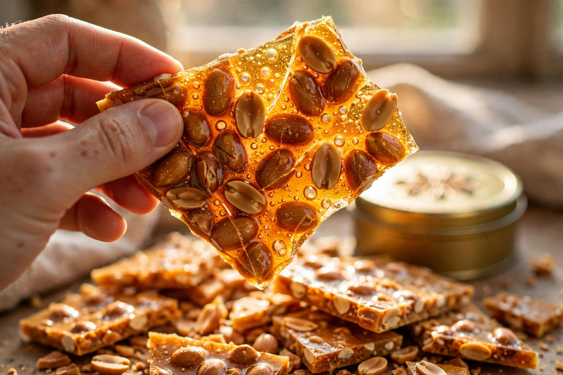 Hand holding a glassy shard of peanut brittle in front of a gift tin