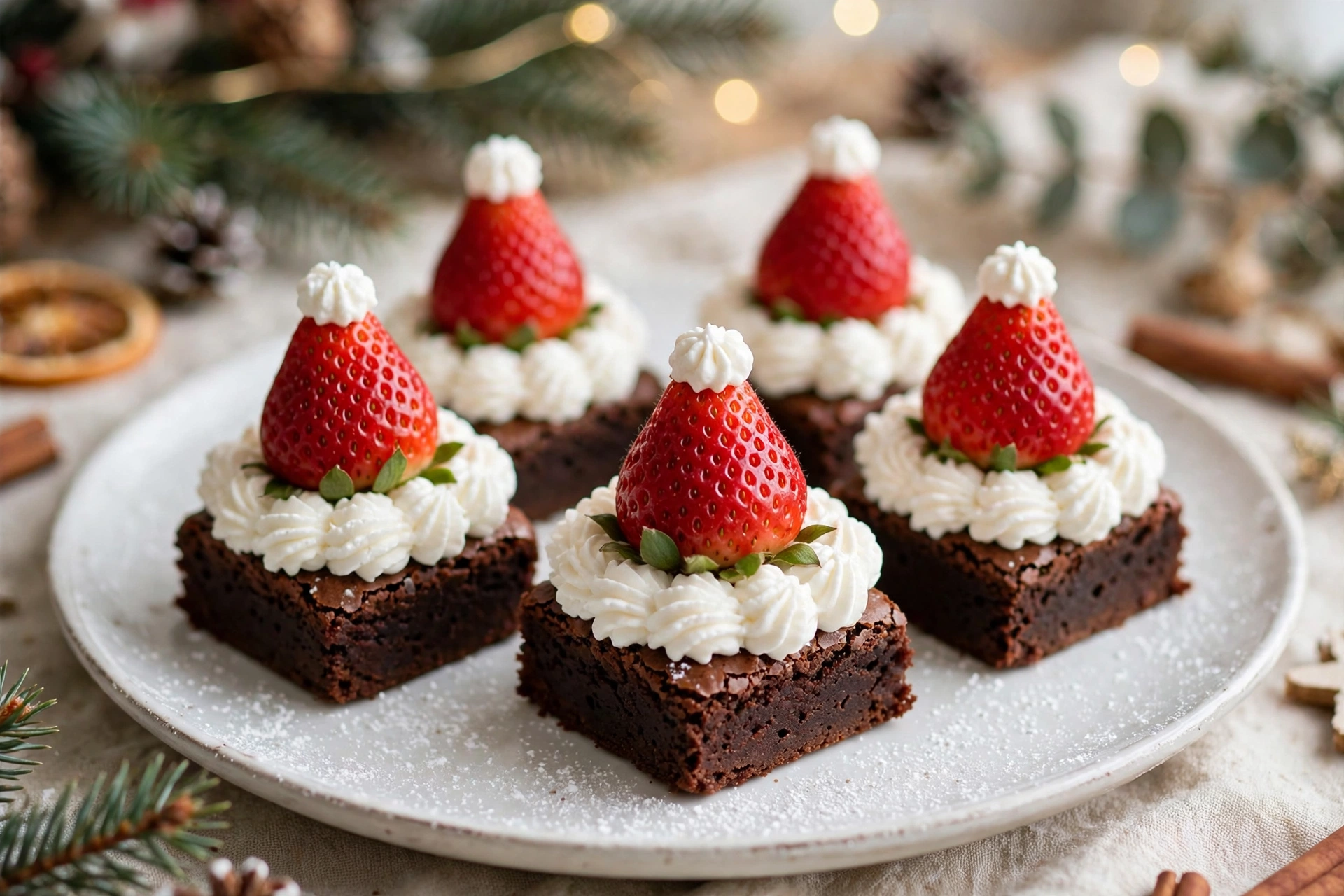 Santa hat brownies on a white plate, mini fudge brownies topped with piped whipped cream rings and fresh strawberries shaped like Santa hats, dusted with powdered sugar