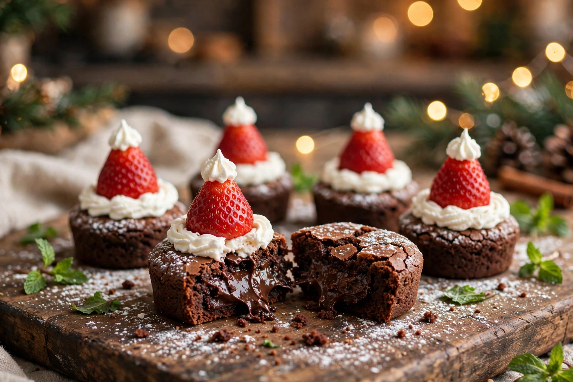 Close-up of santa hat brownies on a wooden board, one brownie broken open showing a fudgy chocolate center, styled with mint leaves and powdered sugar snow