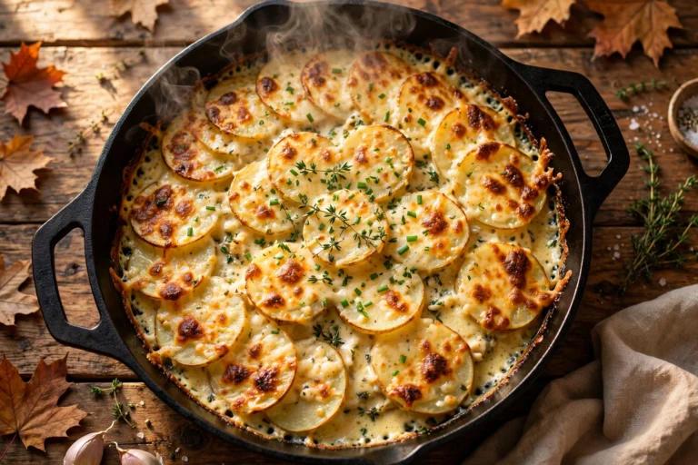 Golden stovetop scalloped potatoes in a cast iron skillet, top view