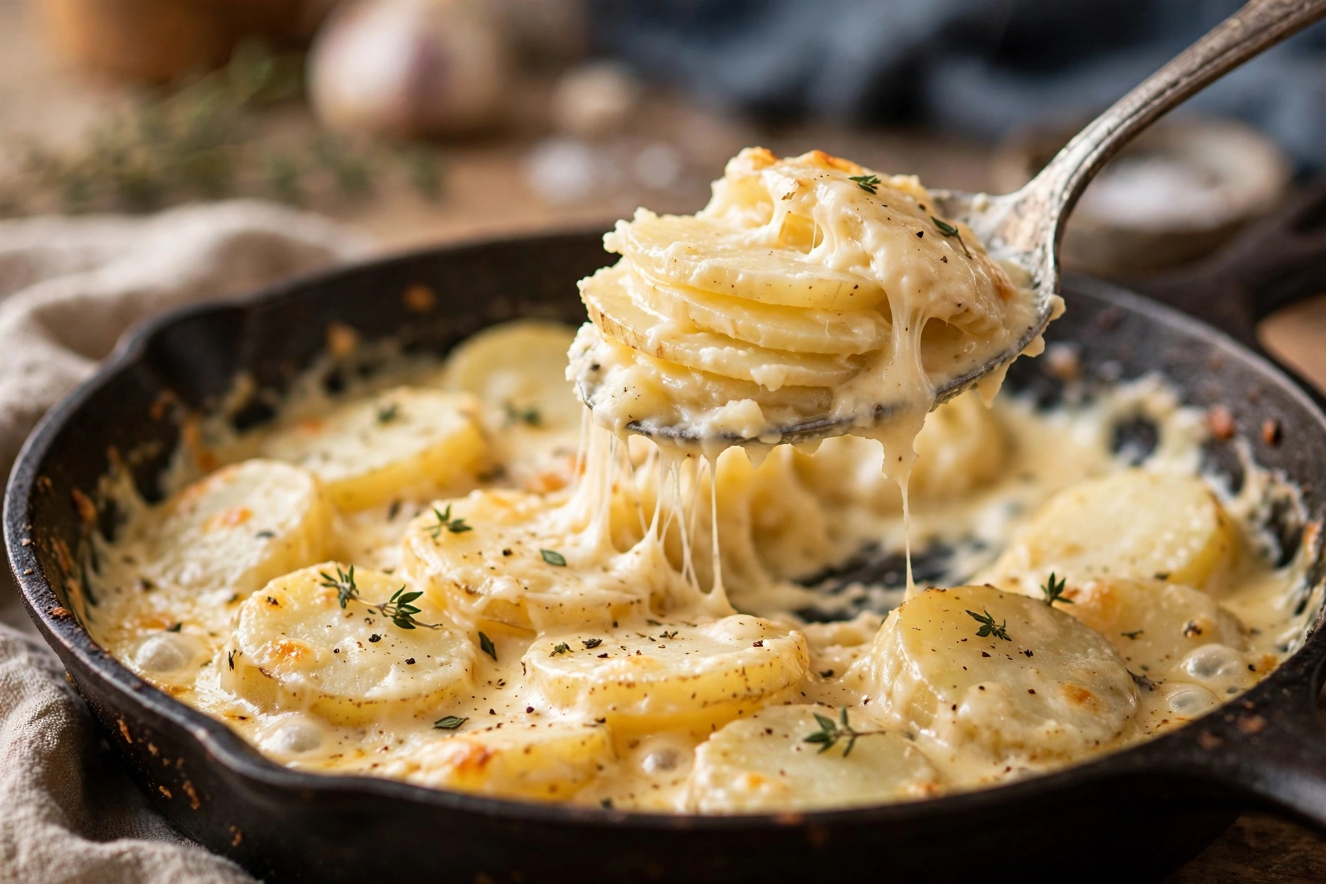 Spoon lifting creamy layered scalloped potatoes from the skillet