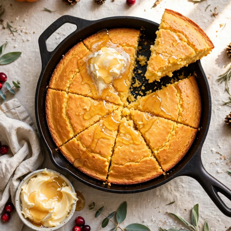 Skillet cornbread cut into golden wedges in a cast iron skillet, whipped honey butter melting over the top wedge, crisp crust and tender yellow crumb