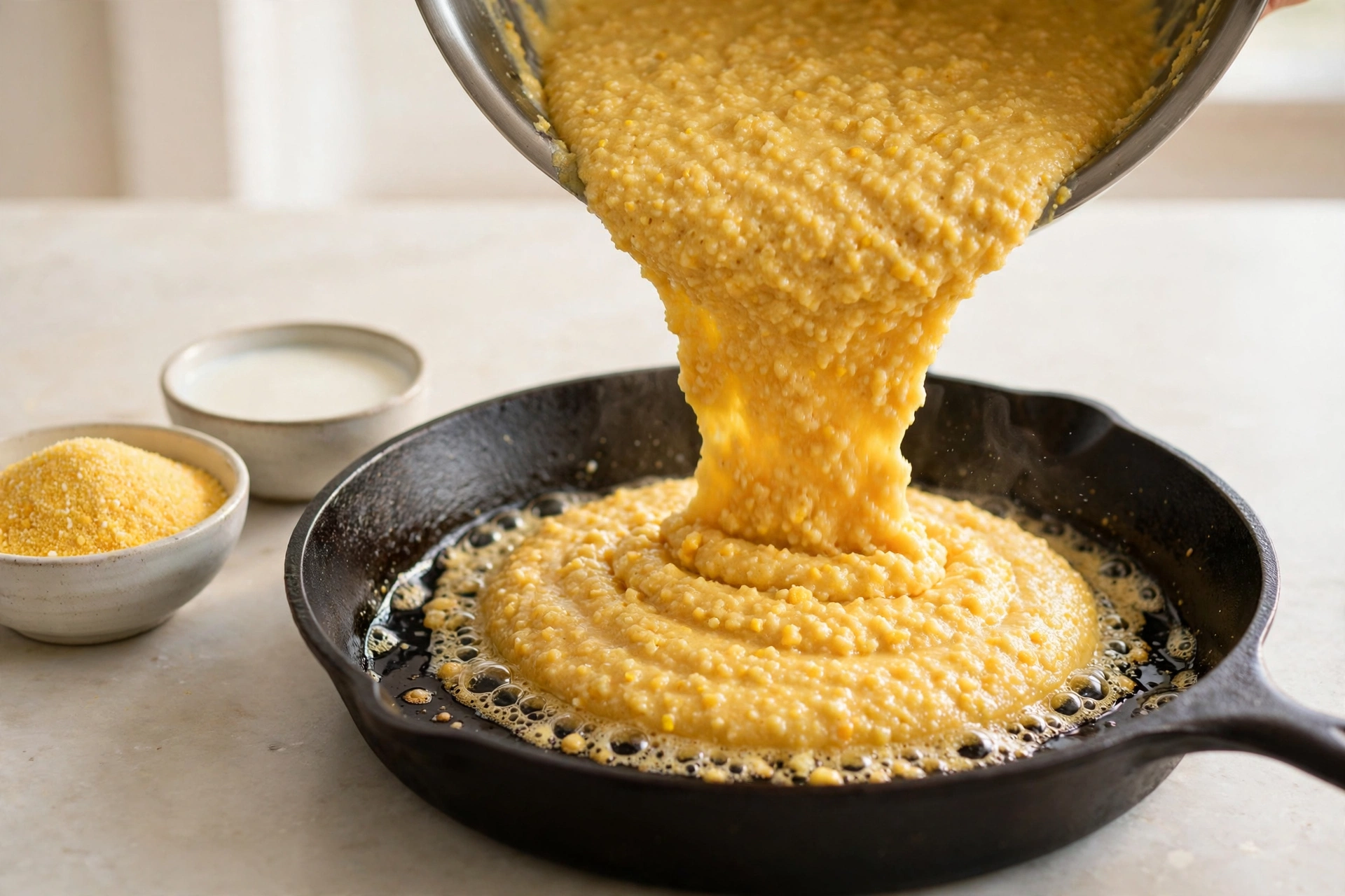 Skillet cornbread batter being poured into a hot buttered cast iron skillet, edges sizzling, small bowls of cornmeal and buttermilk beside the pan