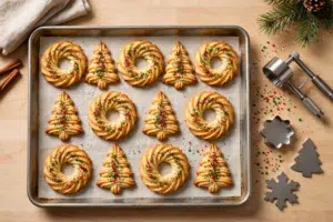 Tray of golden Christmas spritz cookies pressed into wreath and tree shapes, red and green colored sugar sparkling on top, cookie press resting beside the sheet