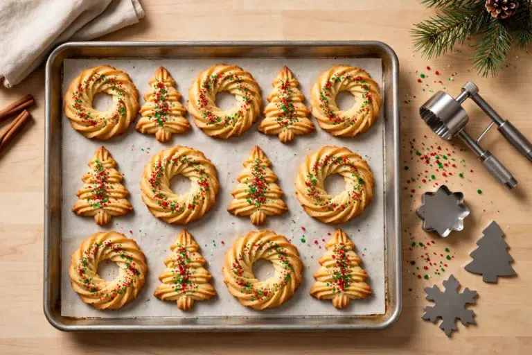 Tray of golden Christmas spritz cookies pressed into wreath and tree shapes, red and green colored sugar sparkling on top, cookie press resting beside the sheet