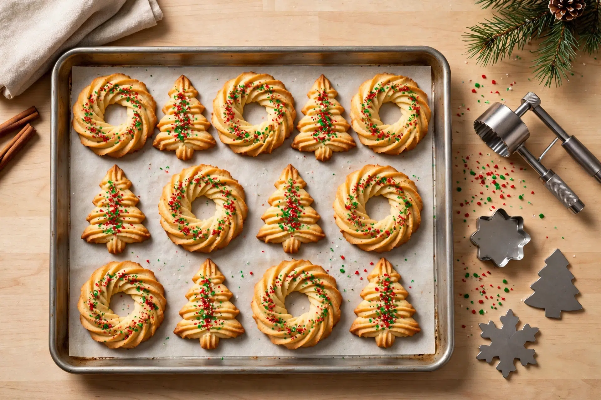 Tray of golden Christmas spritz cookies pressed into wreath and tree shapes, red and green colored sugar sparkling on top, cookie press resting beside the sheet