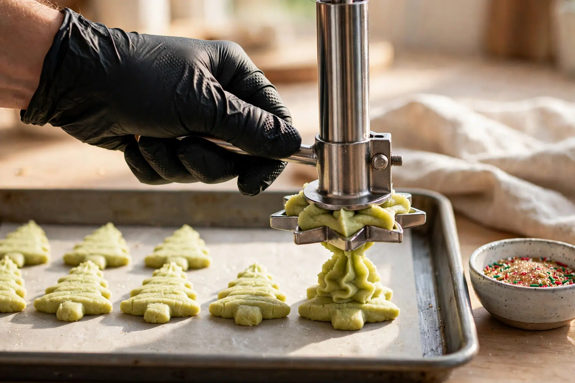 Close-up of a hand in a black glove pressing spritz cookie dough through a cookie press onto a bare baking sheet, green tree shapes forming in a row