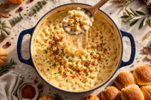 Stovetop mac and cheese in a Dutch oven with a wooden spoon lifting a long glossy cheese pull, smoked paprika and chives scattered over the top