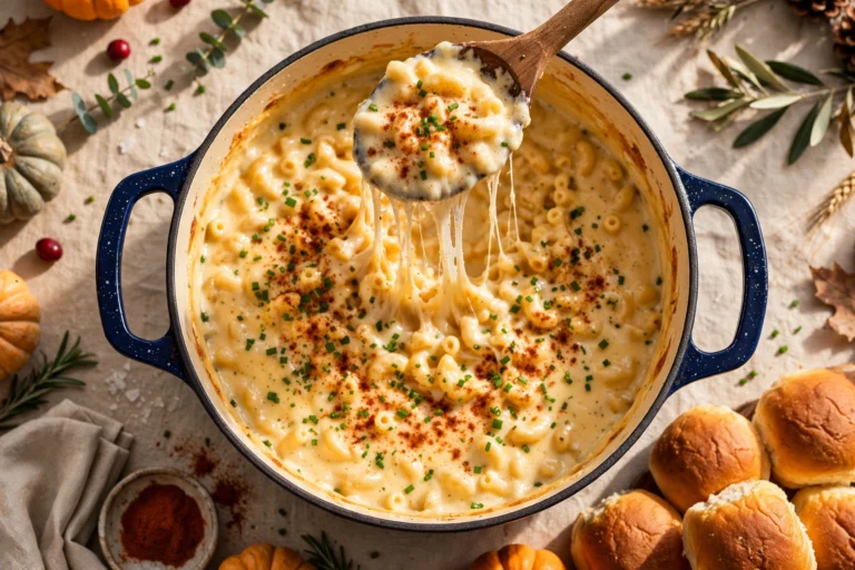 Stovetop mac and cheese in a Dutch oven with a wooden spoon lifting a long glossy cheese pull, smoked paprika and chives scattered over the top