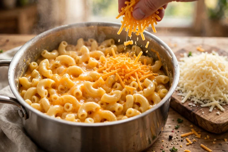 Freshly grated cheddar and Monterey Jack being stirred into stovetop mac and cheese off the heat, the sauce turning glossy as it coats every elbow